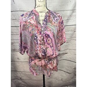 APT 9 Womens Paisley Print‎ Elastic Waist Kimono Sleeve Blouse Top Shirt M